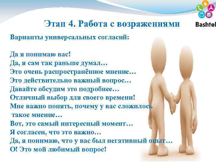 Этап 4. Работа с возражениями Варианты универсальных согласий: Да я понимаю вас! Да, я