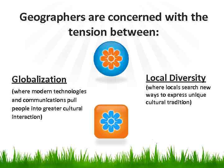 Geographers are concerned with the tension between: Globalization (where modern technologies and communications pull