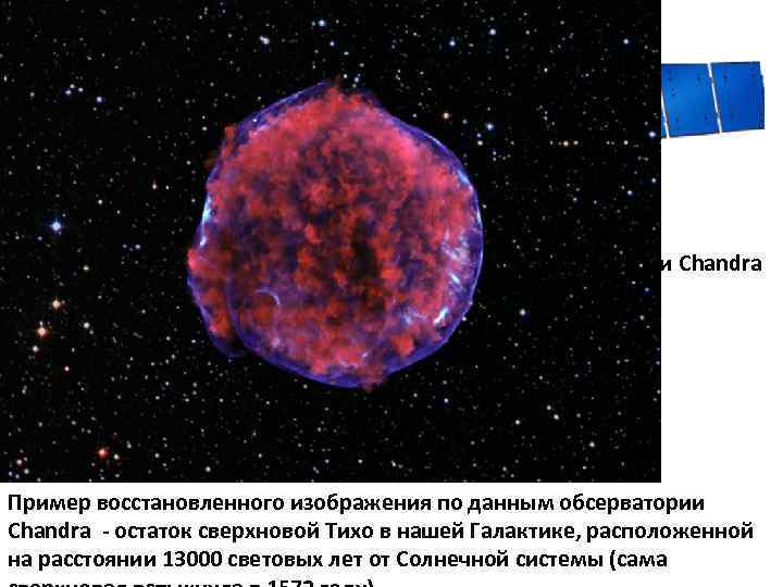 Внешний вид обсерватории Chandra Пример восстановленного изображения по данным обсерватории Chandra - остаток сверхновой