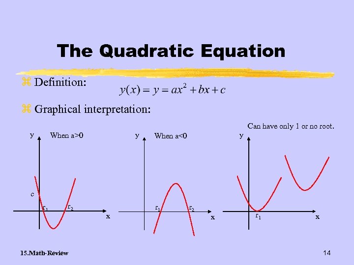 The Quadratic Equation z Definition: z Graphical interpretation: y y When a>0 y When