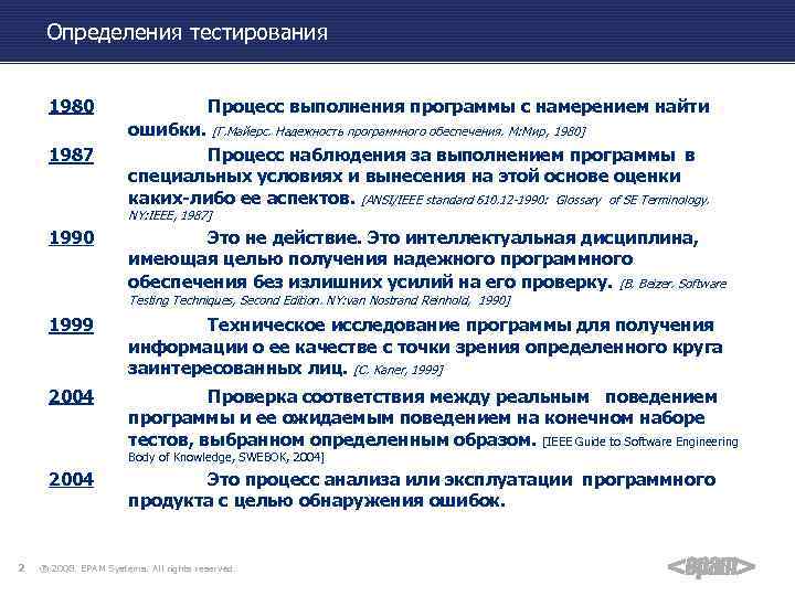 Определения тестирования 1980 Процесс выполнения программы с намерением найти ошибки. 1987 [Г. Майерс. Надежность