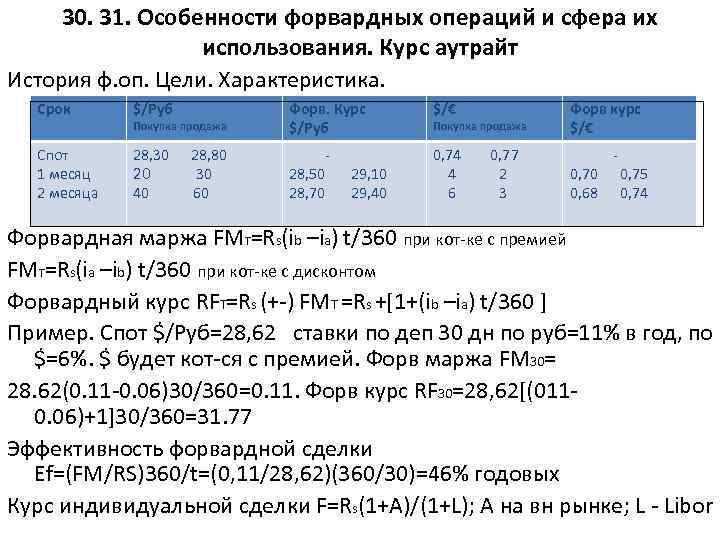 30. 31. Особенности форвардных операций и сфера их использования. Курс аутрайт История ф. оп.