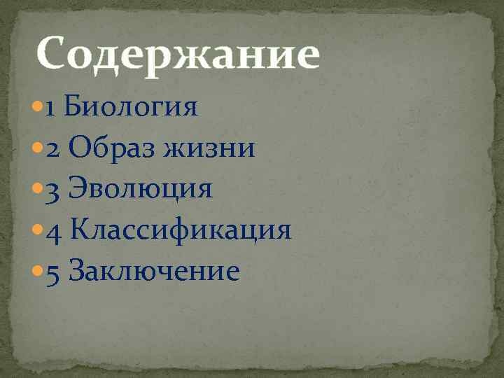 Содержание 1 Биология 2 Образ жизни 3 Эволюция 4 Классификация 5 Заключение 