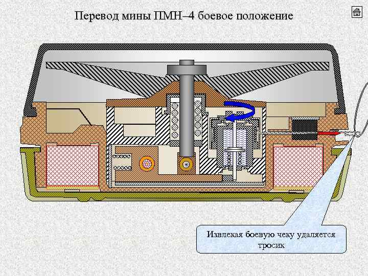 Перевод мины ПМН– 4 боевое положение Извлекая боевую чеку удаляется тросик 