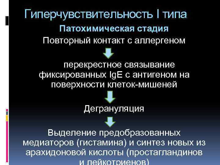 Гиперчувствительность I типа Патохимическая стадия Повторный контакт с аллергеном перекрестное связывание фиксированных Ig. E