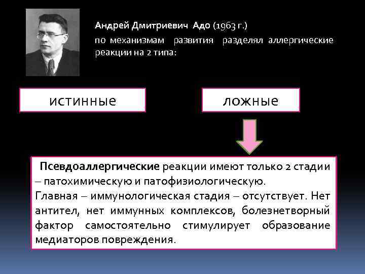 Андрей Дмитриевич Адо (1963 г. ) по механизмам развития разделял аллергические реакции на 2