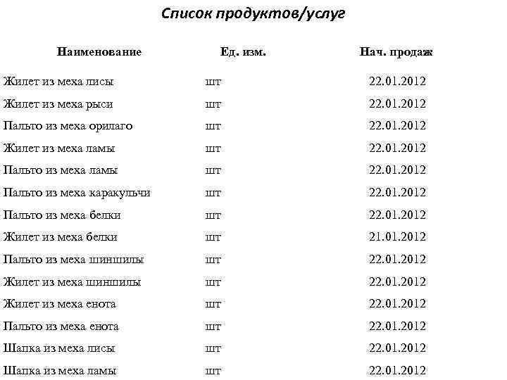 Список продуктов/услуг Наименование Ед. изм. Нач. продаж Жилет из меха лисы шт 22. 01.