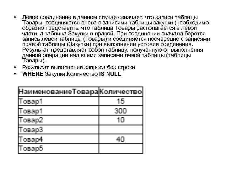  • • • Левое соединение в данном случае означает, что записи таблицы Товары,