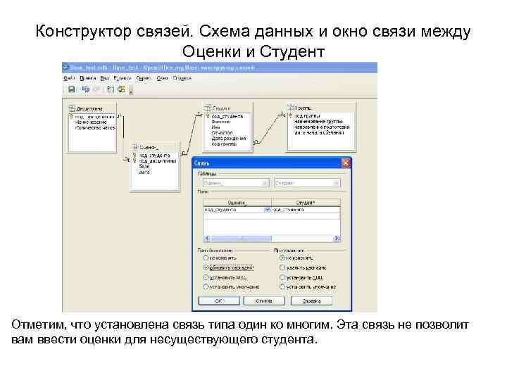 Конструктор связей. Схема данных и окно связи между Оценки и Студент Отметим, что установлена