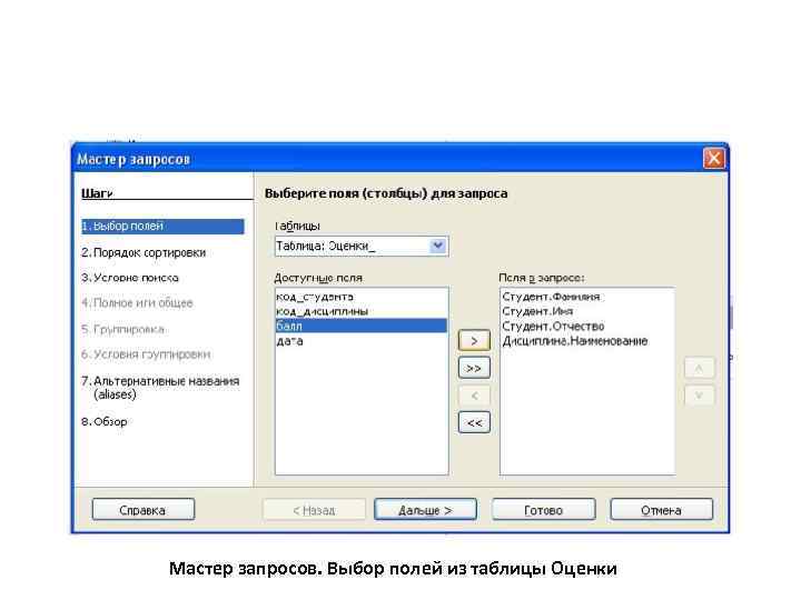 Мастер запросов. Выбор полей из таблицы Оценки 
