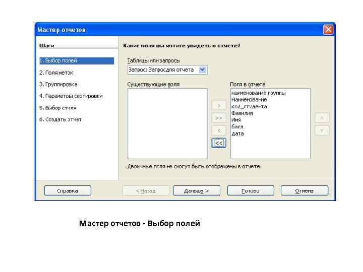 Мастер отчетов - Выбор полей 