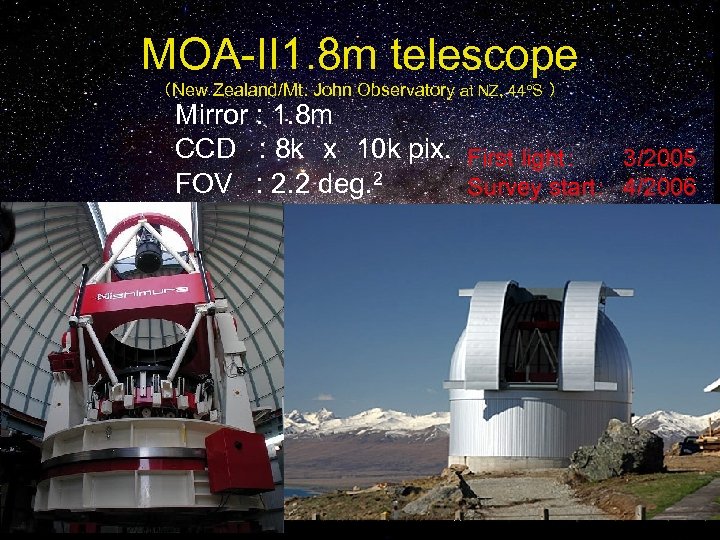 MOA-II 1. 8 m telescope （New Zealand/Mt. John Observatory at NZ, 44 S ）