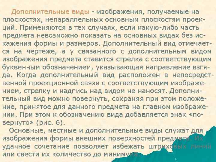 Дополнительные виды - изображения, получаемые на плоскостях, непараллельных основным плоскостям проекций. Применяются в тех