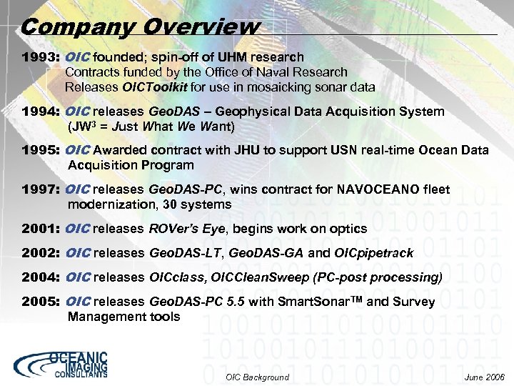 Company Overview 1993: OIC founded; spin-off of UHM research Contracts funded by the Office
