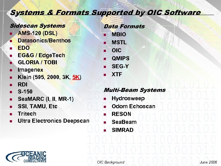 Systems & Formats Supported by OIC Software Sidescan Systems n n n n AMS-120