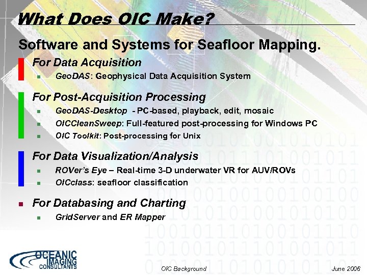 What Does OIC Make? Software and Systems for Seafloor Mapping. n For Data Acquisition