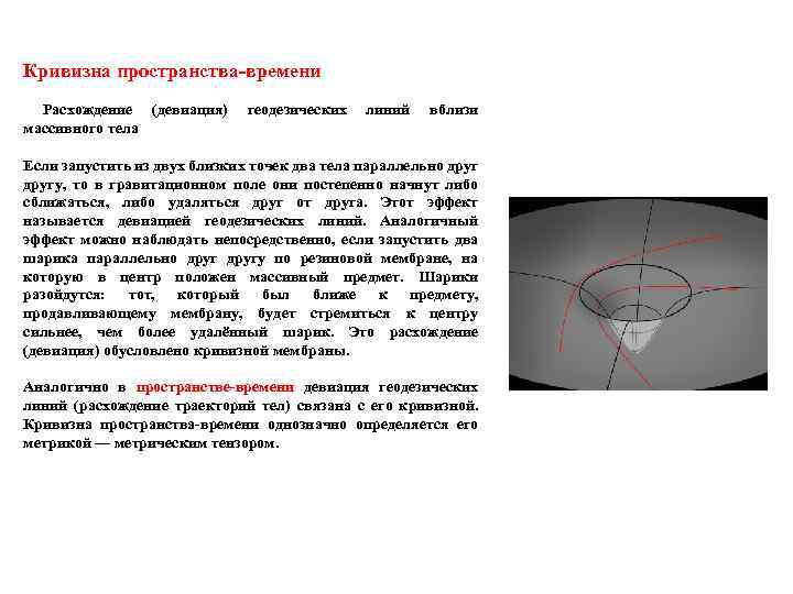 Кривизна пространства-времени Расхождение (девиация) массивного тела геодезических линий вблизи Если запустить из двух близких