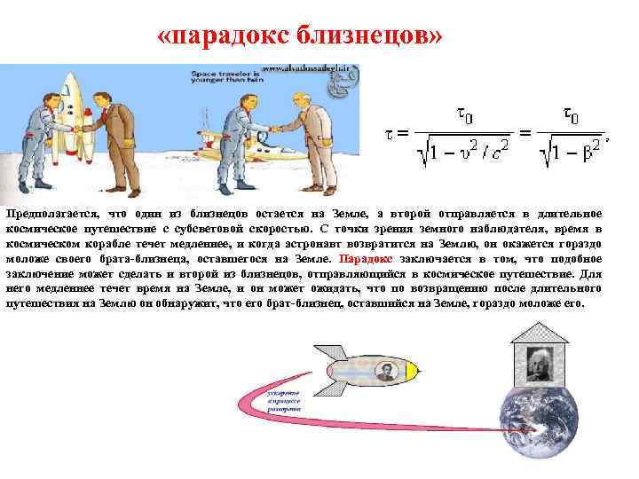  «парадокс близнецов» Предполагается, что один из близнецов остается на Земле, а второй отправляется