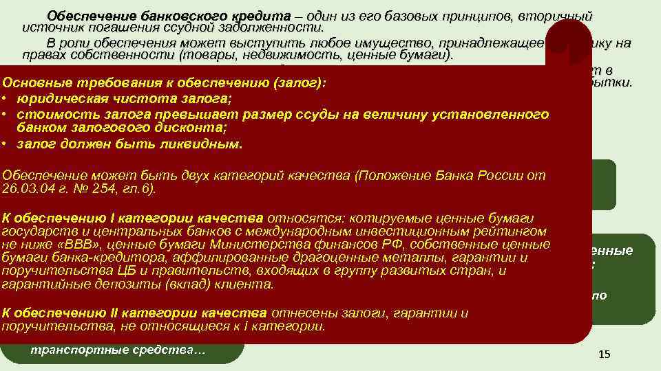 Обеспечение банковского кредита – один из его базовых принципов, вторичный источник погашения ссудной задолженности.