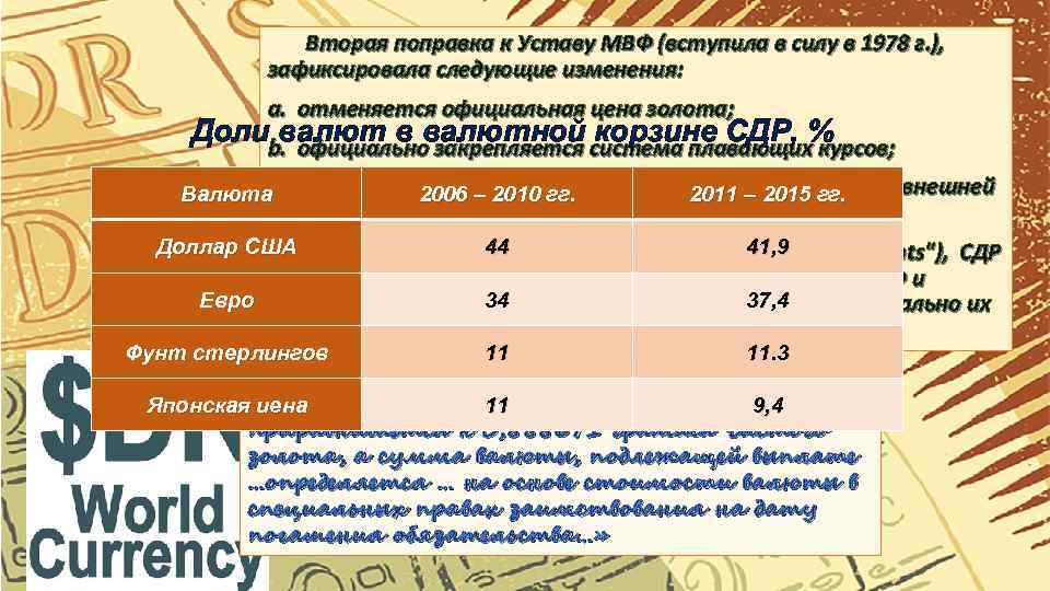 Вторая поправка к Уставу МВФ (вступила в силу в 1978 г. ), зафиксировала следующие