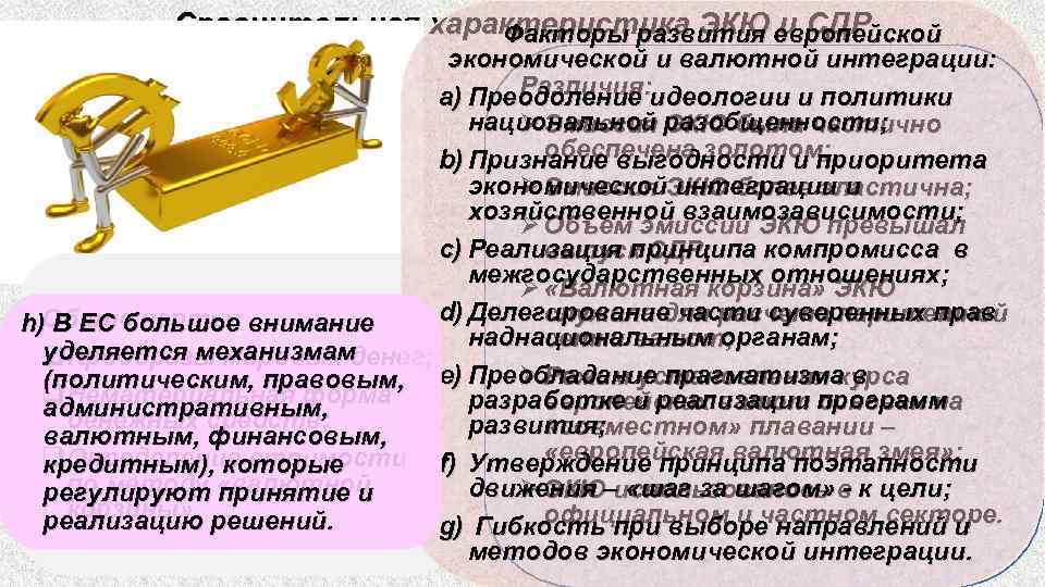 Сравнительная характеристика ЭКЮ и СДР Факторы развития европейской экономической и валютной интеграции: Различия: a)