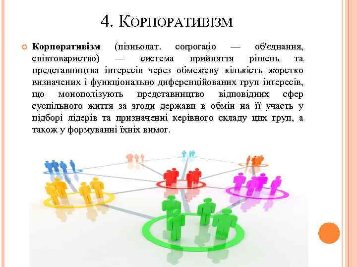 4. КОРПОРАТИВІЗМ Корпоративізм (пізньолат. corporatio — об'єднання, співтовариство) — система прийняття рішень та представництва