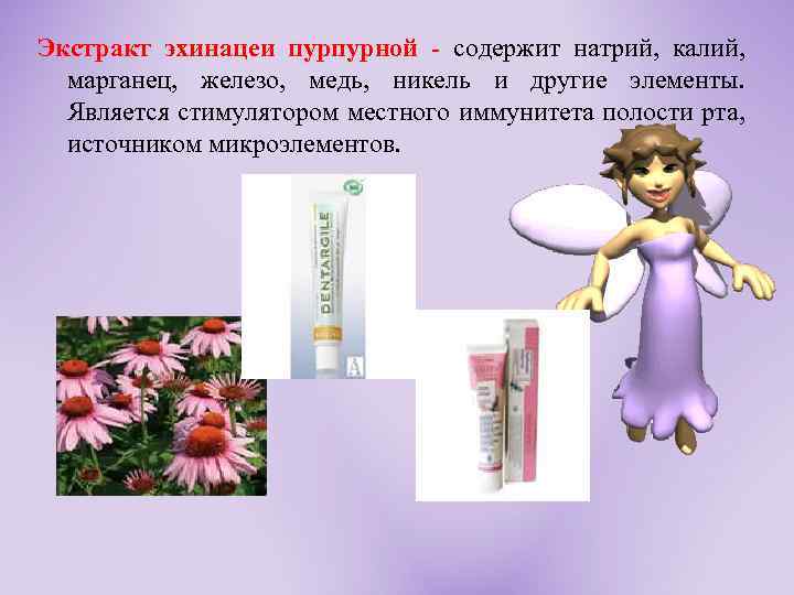 Экстракт эхинацеи пурпурной - содержит натрий, калий, марганец, железо, медь, никель и другие элементы.