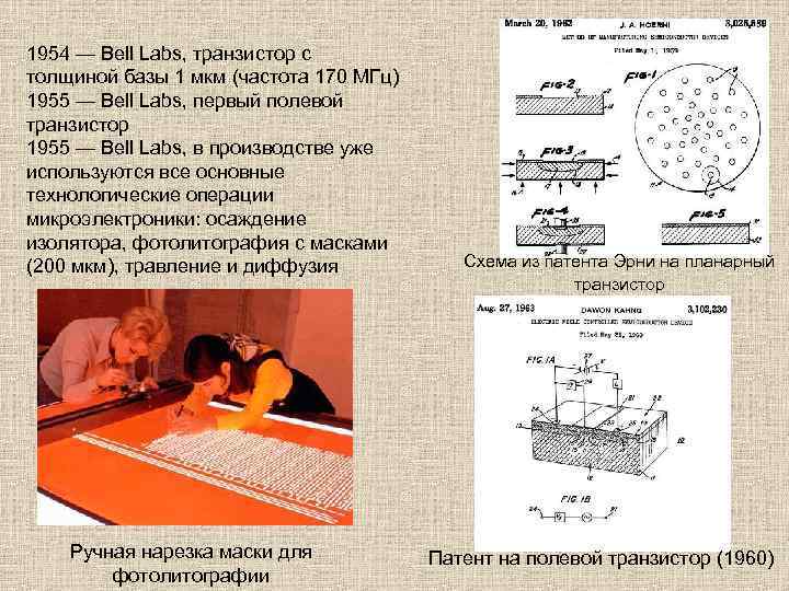 1954 — Bell Labs, транзистор с толщиной базы 1 мкм (частота 170 МГц) 1955