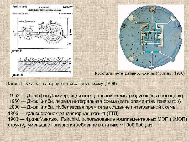 Кристалл интегральной схемы (триггер, 1960) Патент Нойса на планарную интегральную схему (1959) 1952 —