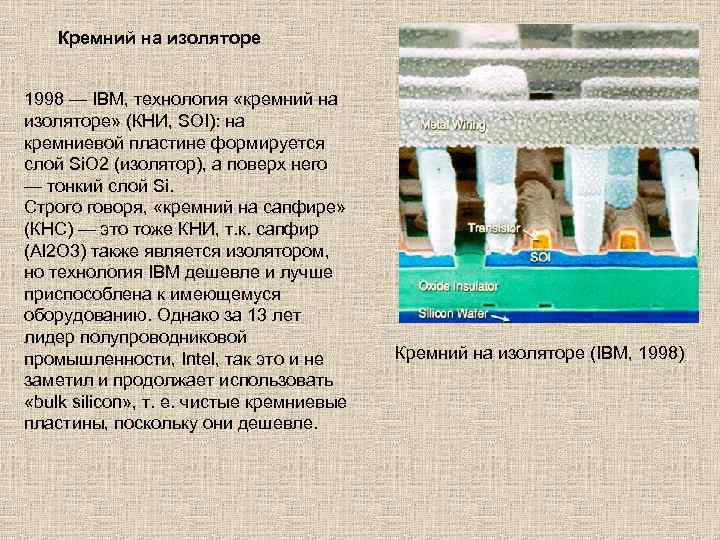 Кремний на изоляторе 1998 — IBM, технология «кремний на изоляторе» (КНИ, SOI): на кремниевой