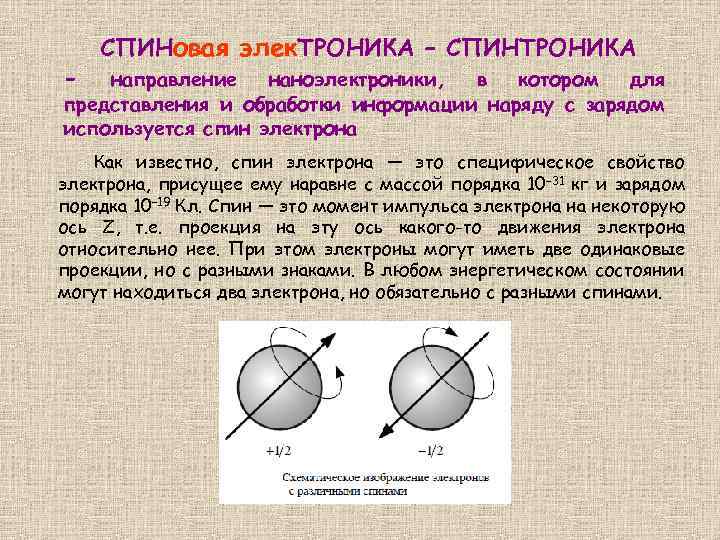 - СПИНовая элек. ТРОНИКА – СПИНТРОНИКА направление наноэлектроники, в котором для представления и обработки