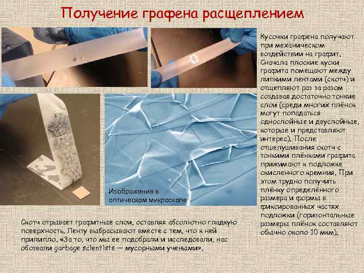 Получение графена расщеплением Изображение в оптическом микроскопе Скотч отрывает графитные слои, оставляя абсолютно гладкую