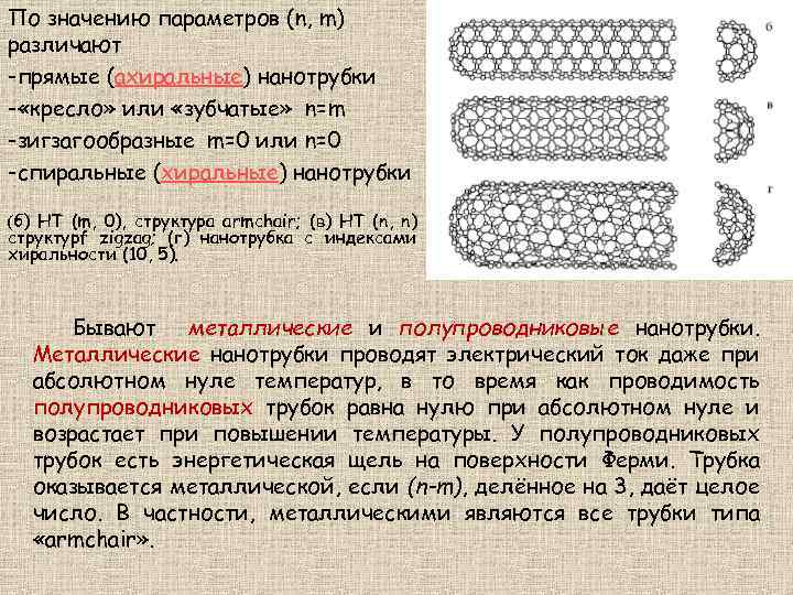 По значению параметров (n, m) различают -прямые (ахиральные) нанотрубки - «кресло» или «зубчатые» n=m