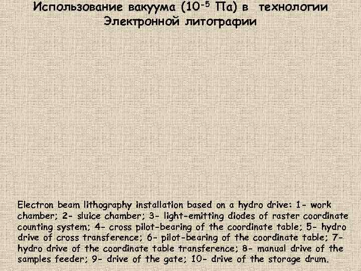 Использование вакуума (10 -5 Па) в технологии Электронной литографии Еlectron beam lithography installation based