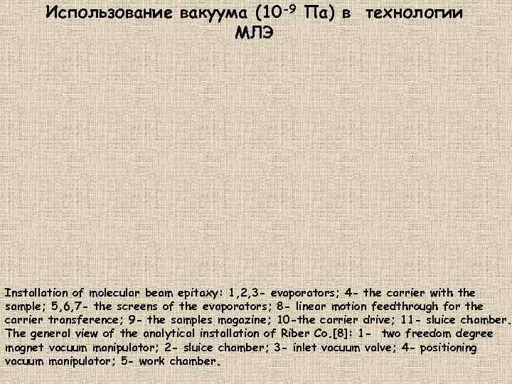 Использование вакуума (10 -9 Па) в технологии МЛЭ Installation of molecular beam epitaxy: 1,