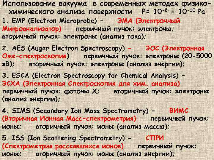 Использование вакуума в современных методах физикохимического анализа поверхности P= 10 -8 - 10 -10