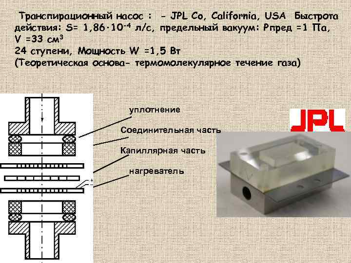 Транспирационный насос : - JPL Co, California, USA Быстрота действия: S= 1, 86· 10