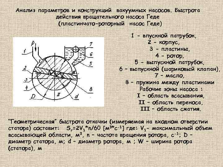 Анализ параметров и конструкций вакуумных насосов. Быстрота действия вращательного насоса Геде (пластинчато-роторный насос Геде)