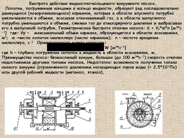 Быстрота действия жидкостно–кольцевого вакуумного насоса. Лопатки, погруженные концами в кольцо жидкости, образуют ряд последовательно