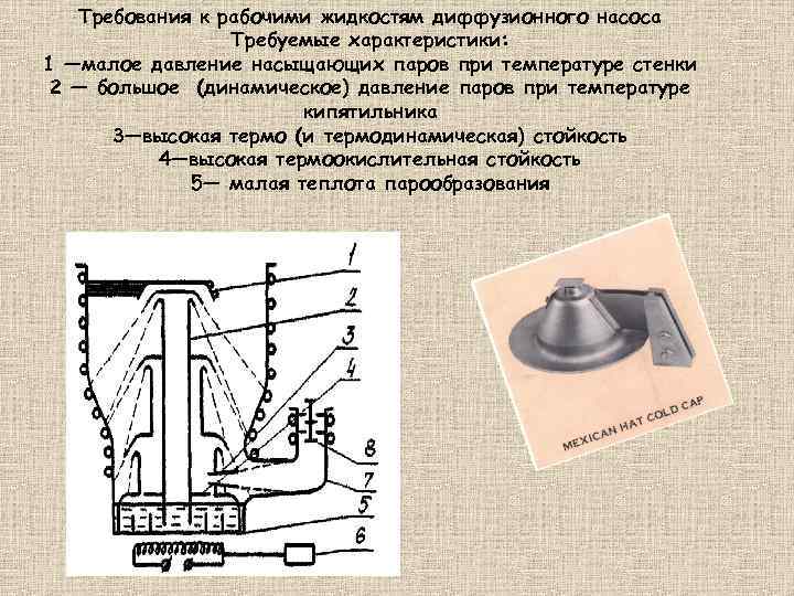 Требования к рабочими жидкостям диффузионного насоса Требуемые характеристики: 1 —малое давление насыщающих паров при