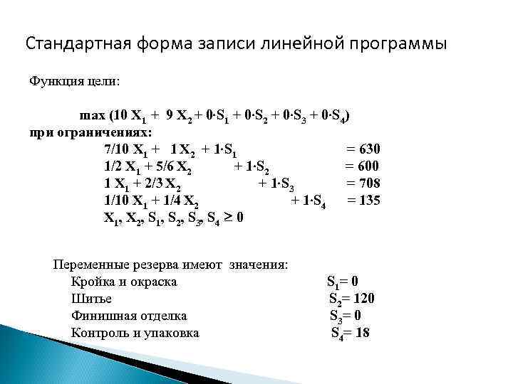 Стандартная форма записи линейной программы Функция цели: max (10 X 1 + 9 X