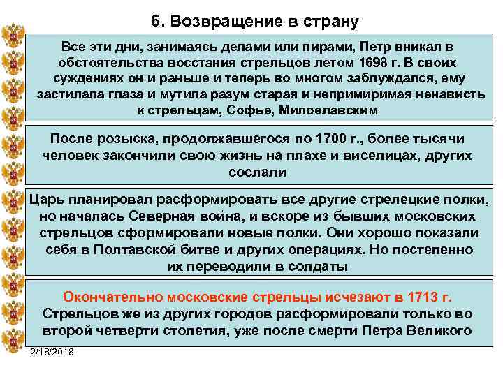 6. Возвращение в страну Все эти дни, занимаясь делами или пирами, Петр вникал в
