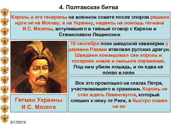 4. Полтавская битва Король и его генералы на военном совете после споров решили идти