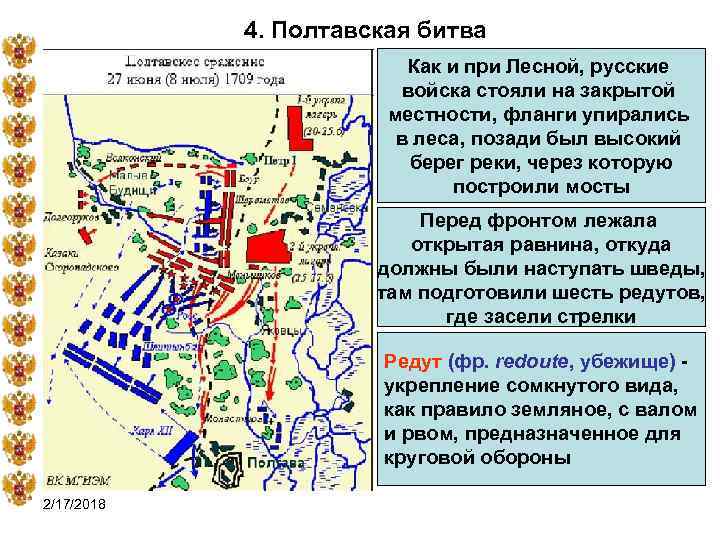 4. Полтавская битва Как и при Лесной, русские войска стояли на закрытой местности, фланги