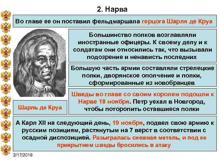 2. Нарва Во главе ее он поставил фельдмаршала герцога Шарля де Круа Большинство полков