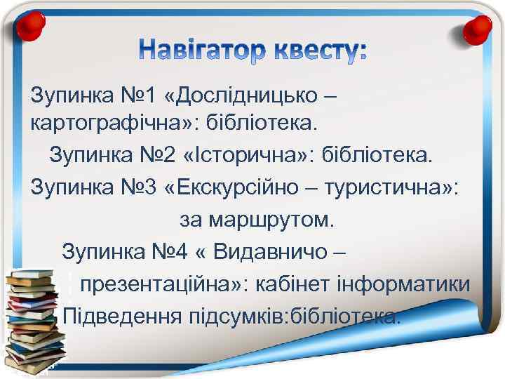 Зупинка № 1 «Дослідницько – картографічна» : бібліотека. Зупинка № 2 «Історична» : бібліотека.