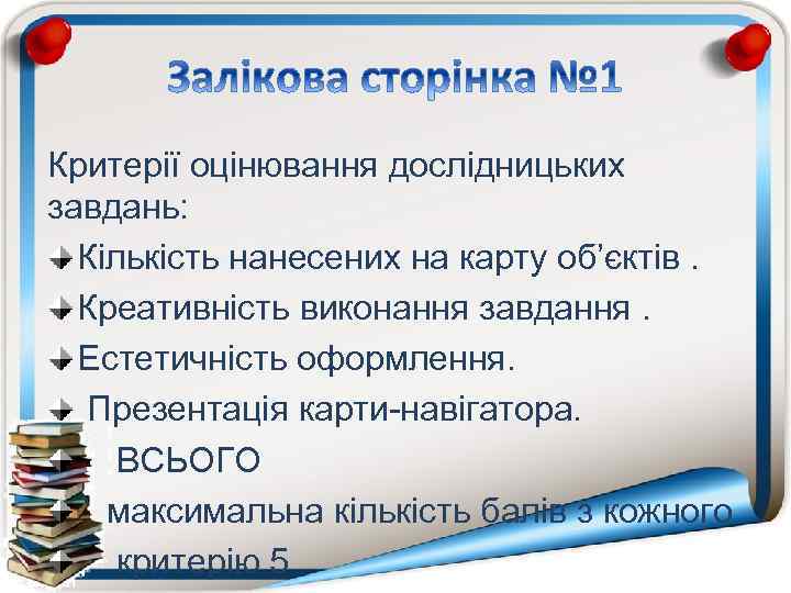 Критерії оцінювання дослідницьких завдань: Кількість нанесених на карту об’єктів. Креативність виконання завдання. Естетичність оформлення.