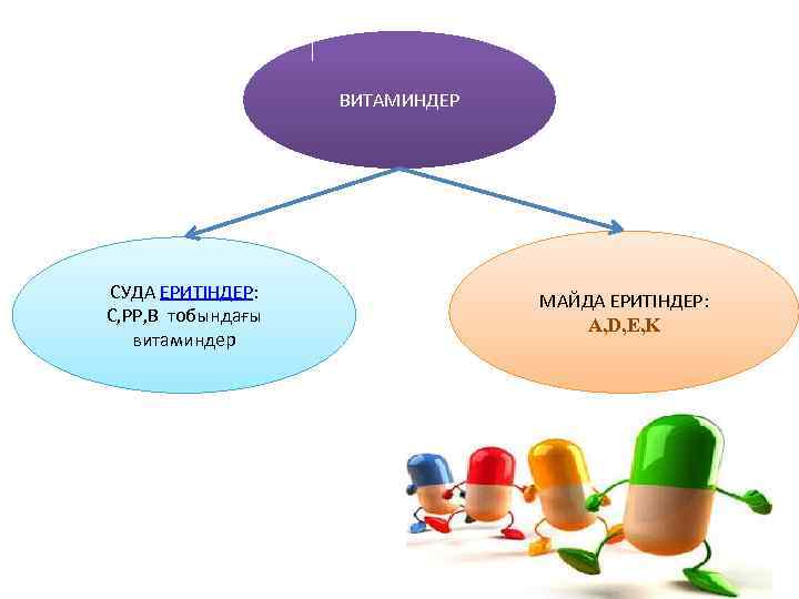 ВИТАМИНДЕР СУДА ЕРИТІНДЕР: C, PP, B тобындағы витаминдер МАЙДА ЕРИТІНДЕР: А, D, E, K