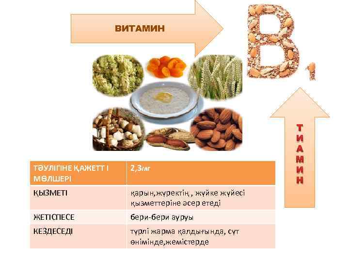ВИТАМИН ТӘУЛІГІНЕ ҚАЖЕТТ І МӨЛШЕРІ 2, 3 мг ҚЫЗМЕТІ қарын, жүректің , жүйке жүйесі