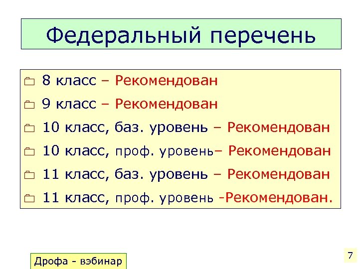 Федеральный перечень 0 8 класс – Рекомендован 0 9 класс – Рекомендован 0 10
